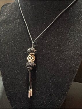 Pandora😍 Cord Necklace with Filigree Charm & Black Crystal Spacers